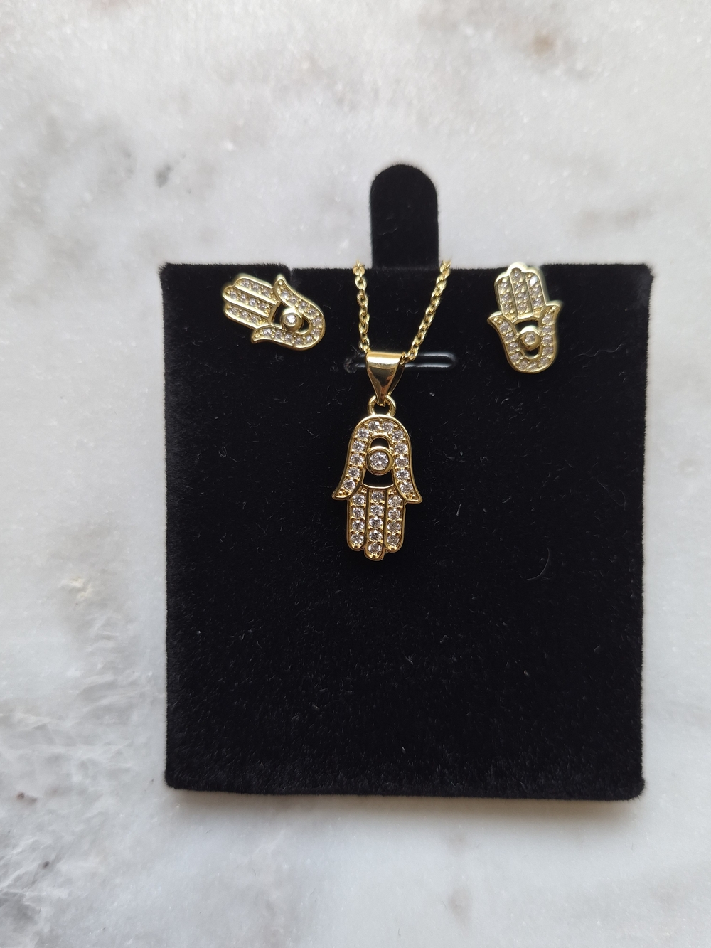 Gold Plated Hamsa Hand Necklace and Earrings